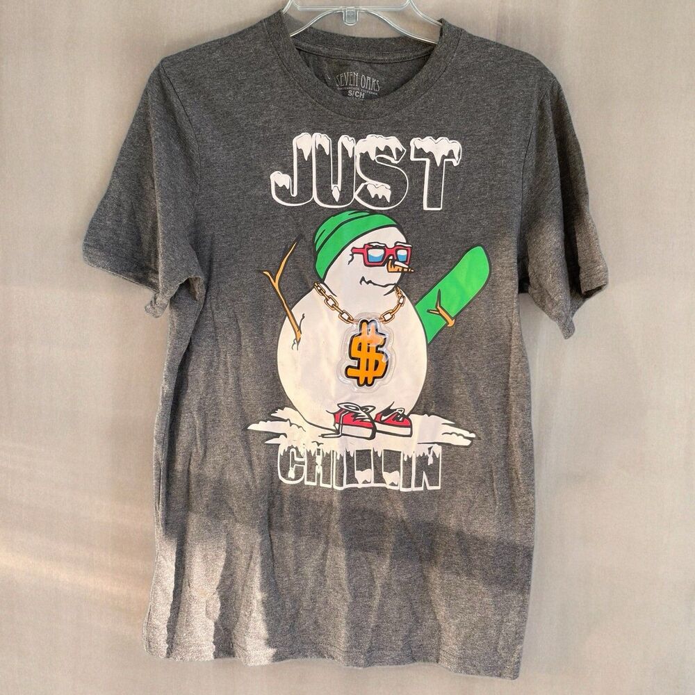 Seven Oaks Just Chillin Snowman TEE T SHIRT Short Sleeves Gray $ Sign Light Up S